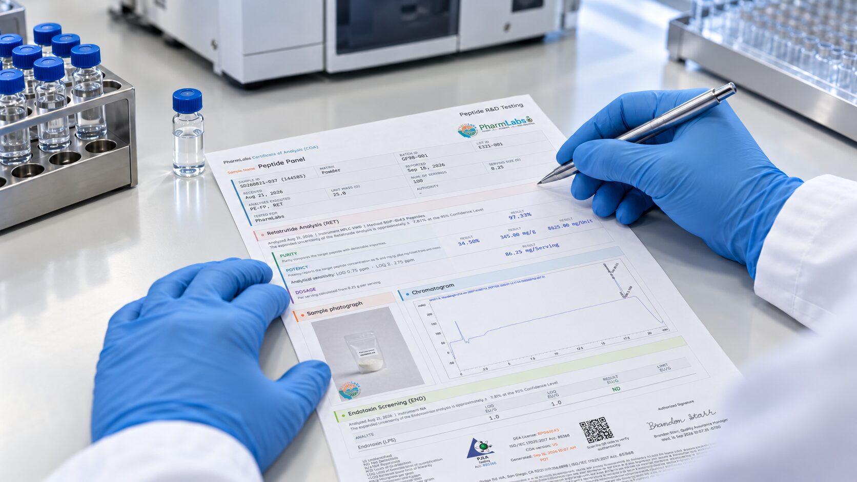 PharmLabs peptide certificate of analysis on a laboratory bench